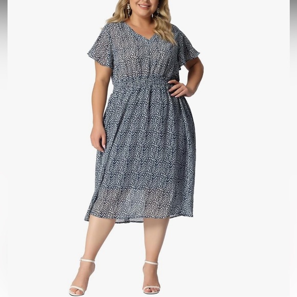 Agnes Orinda Navy White Print Midi Dress 4X Plus Size Smocked Waist Flowy - Picture 3 of 14